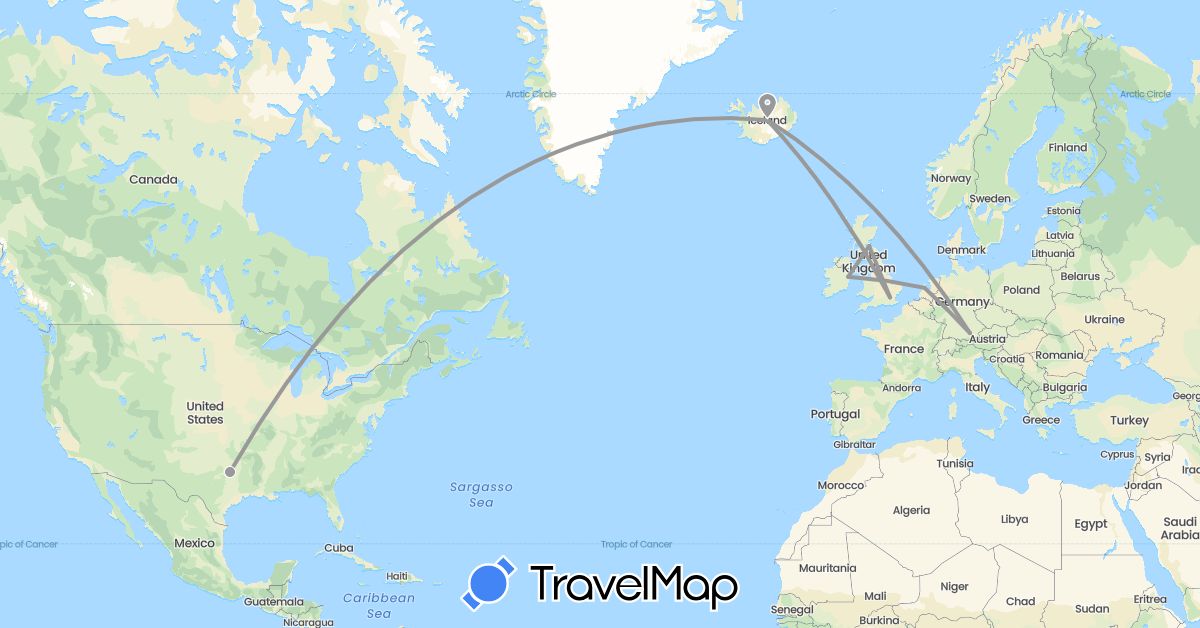 TravelMap itinerary: driving, plane in Germany, United Kingdom, Ireland, Iceland, Italy, Netherlands, United States (Europe, North America)